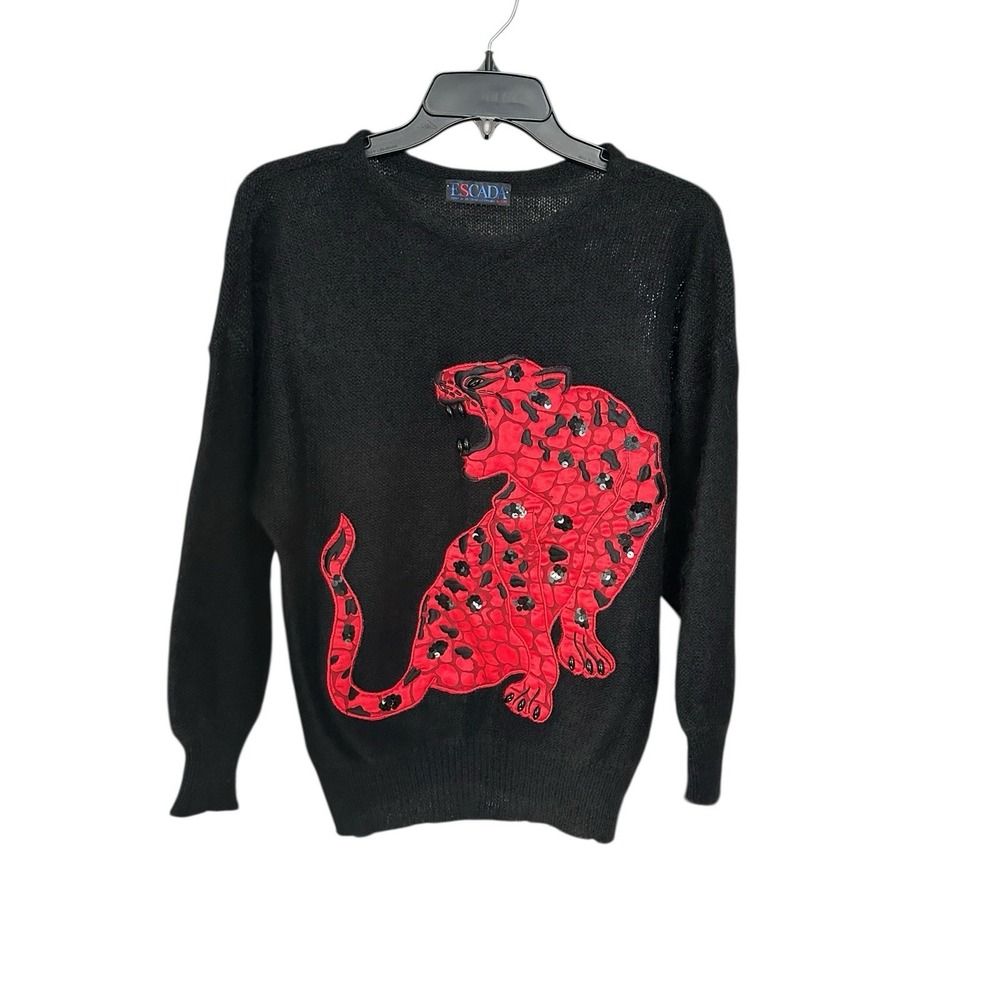 Escada Kid Mohair Sweater Knit Sz 38 US Sz 8 Panther Embroidered Sequins‎ #EF1-6